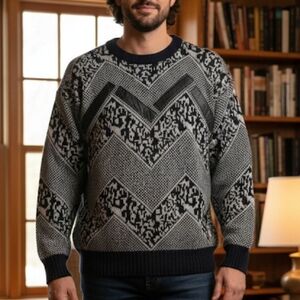 Vintage Mister Man Black & Gray Zigzag Knit Genuine Leather Crew Neck Sweater L